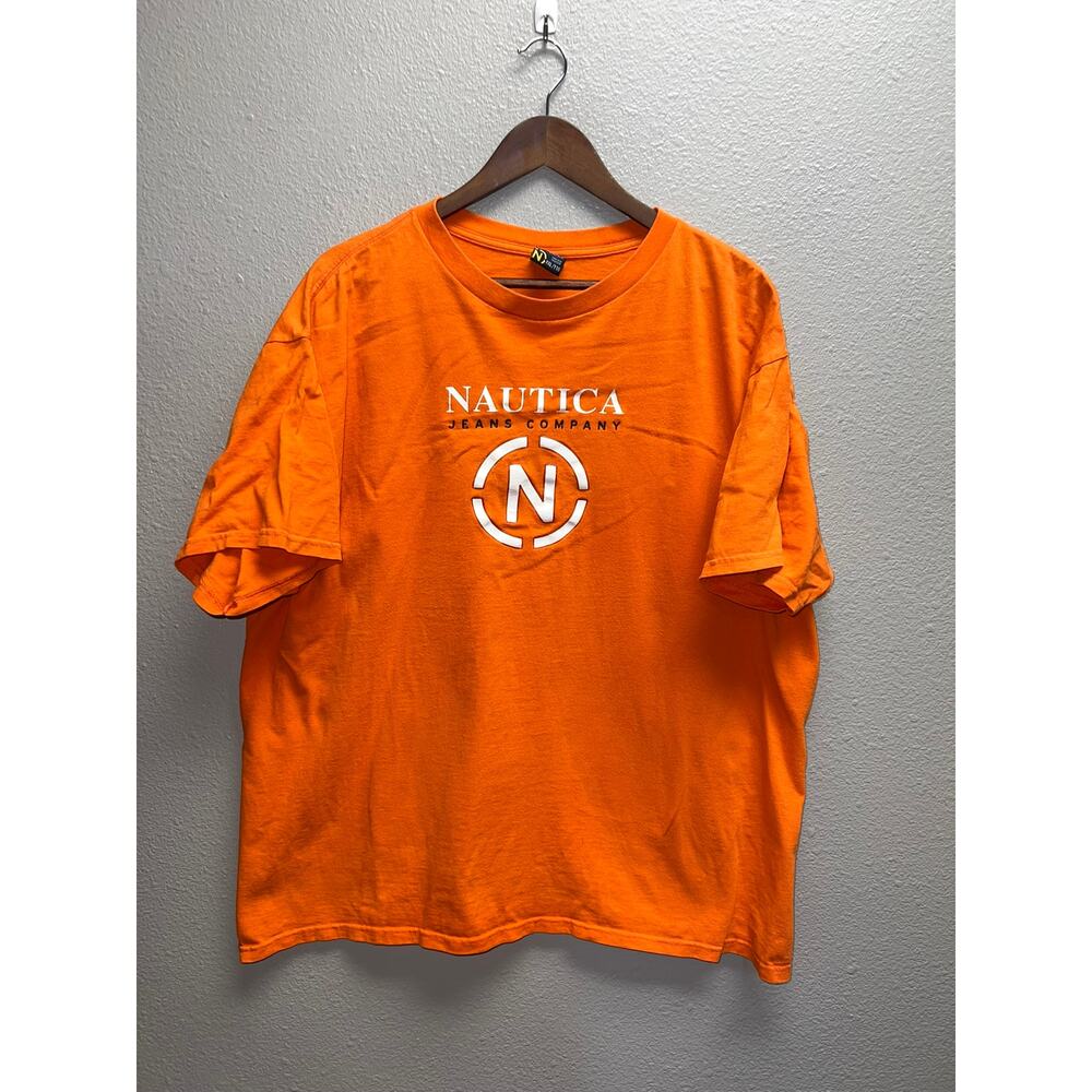 Vintage Nautica Jeans Company Shirt Orange Logo Graphic Short Sleeve Tee VTG 2XL